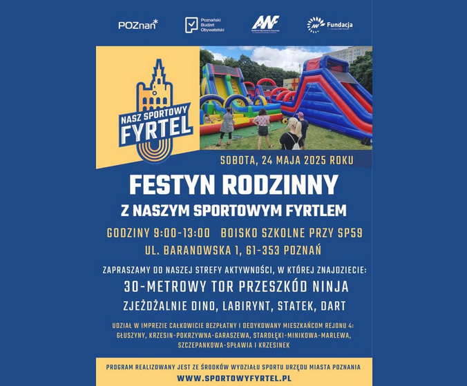 Plakat z dużą ilością informacji o sportowym festynie rodzinnym.