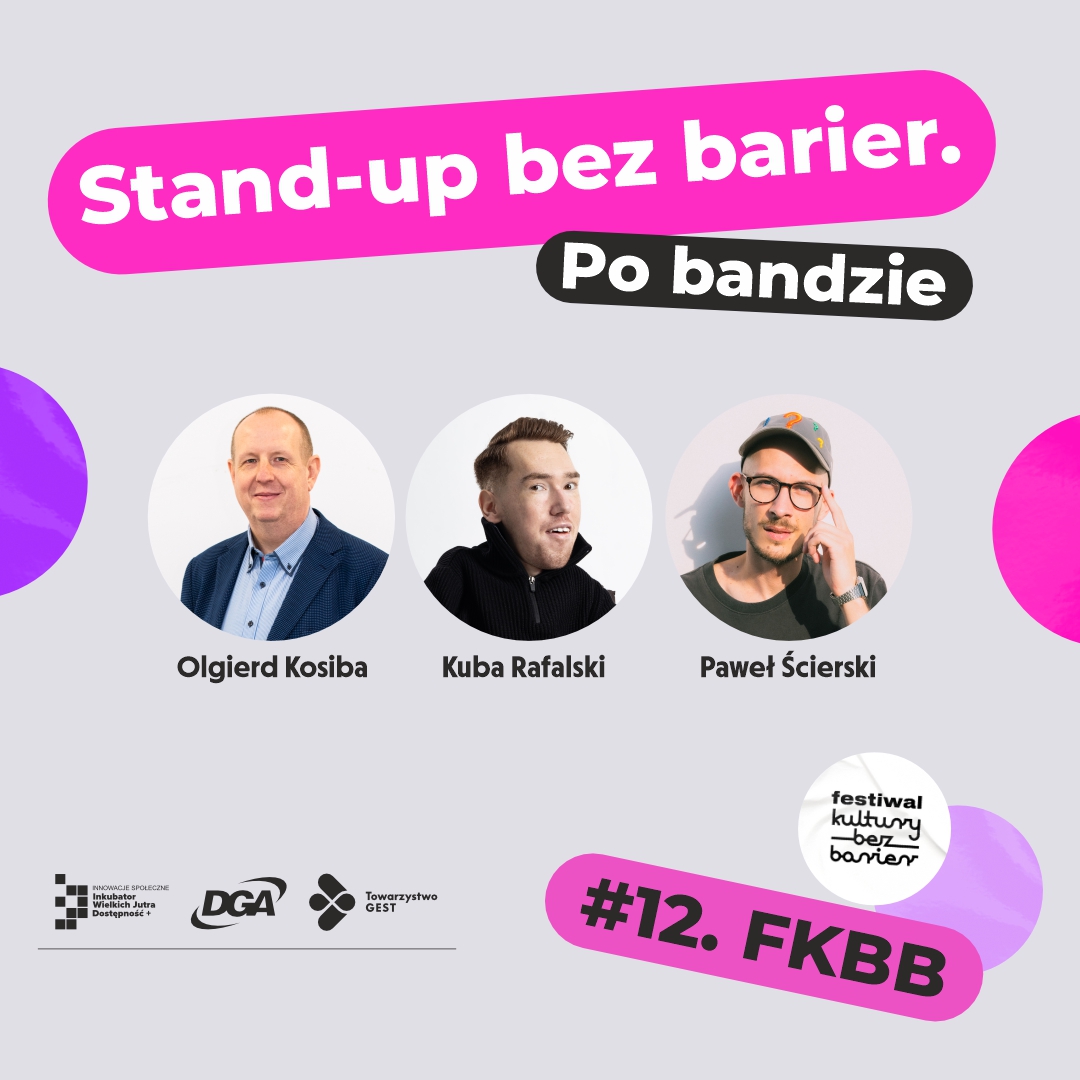 Plakat, na szaro-różowym tle zdjęcia trzech artystów, dookoła napisy informujące o wydarzeniu.