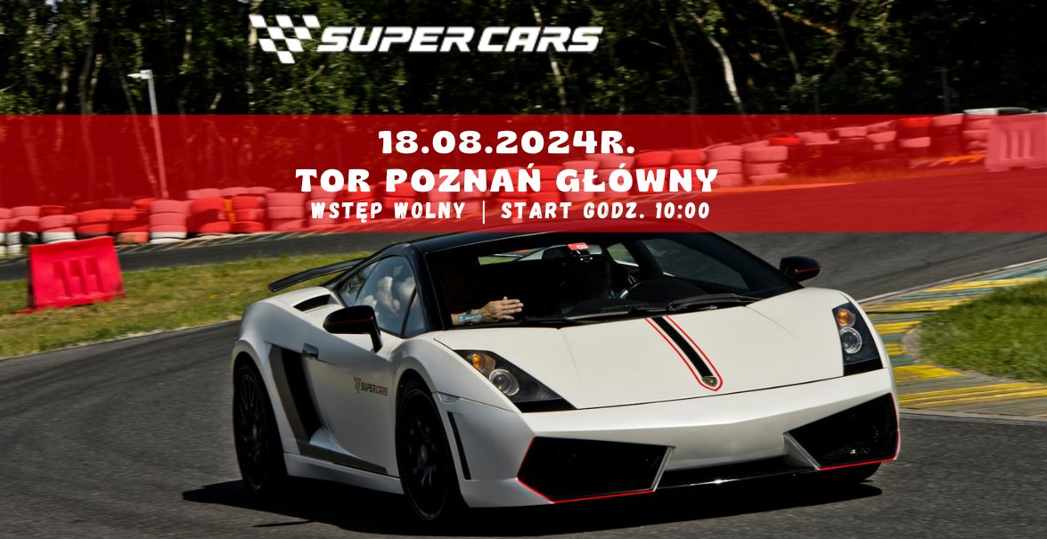 Zdjęcie białego wyścigowego samochodu na torze, napisy informujące o wydarzeniu.