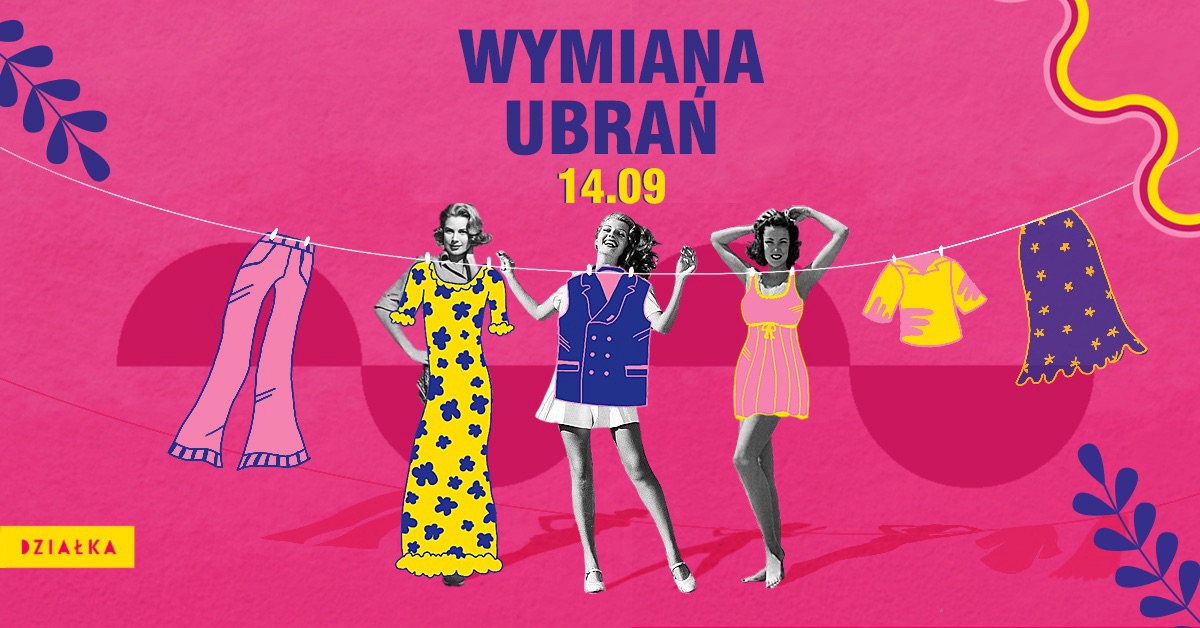 Napis wymiana ubrań, rysunek kilku kobiet na różowym tle.