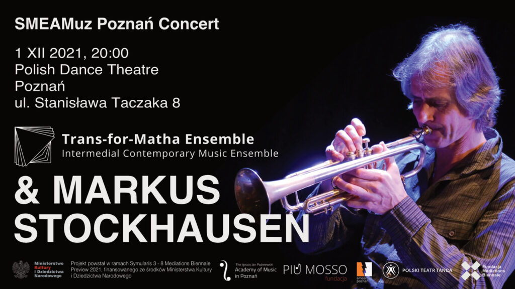 Po lewej stronie obrazka widać informację i sponsorów związanych z koncertem. Po prawej stronie znajduję się starszy mężczyzna który gra na trąbce.