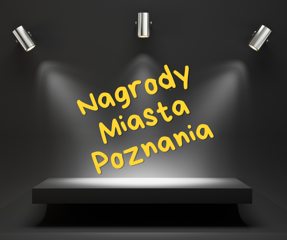 Szare tło, na nim 3 lampy i napis "Nagrody Miasta Poznania"