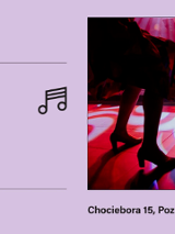 Plakat Domu Kultury AZK zachęcający do wzięcia udziału w tanecznej imprezie. Z prawej strony zdjęcie tańczącej pary, z lewej napisy, które informują o wydarzeniach.