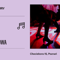 Plakat Domu Kultury AZK zachęcający do wzięcia udziału w tanecznej imprezie. Z prawej strony zdjęcie tańczącej pary, z lewej napisy, które informują o wydarzeniach.