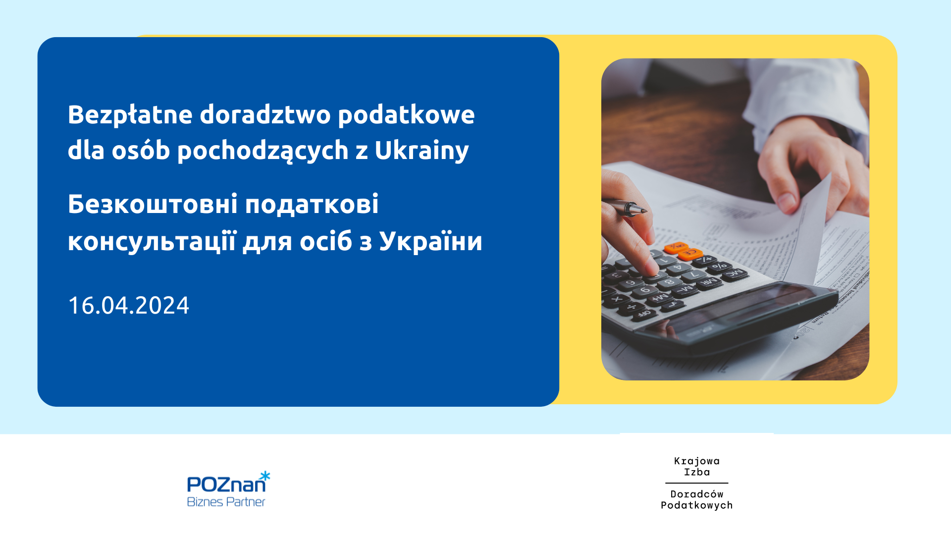 Grafika promocyjna konsultacji "UA Bezpłatne doradztwo podatkowe dla osób pochodzących z Ukrainy"