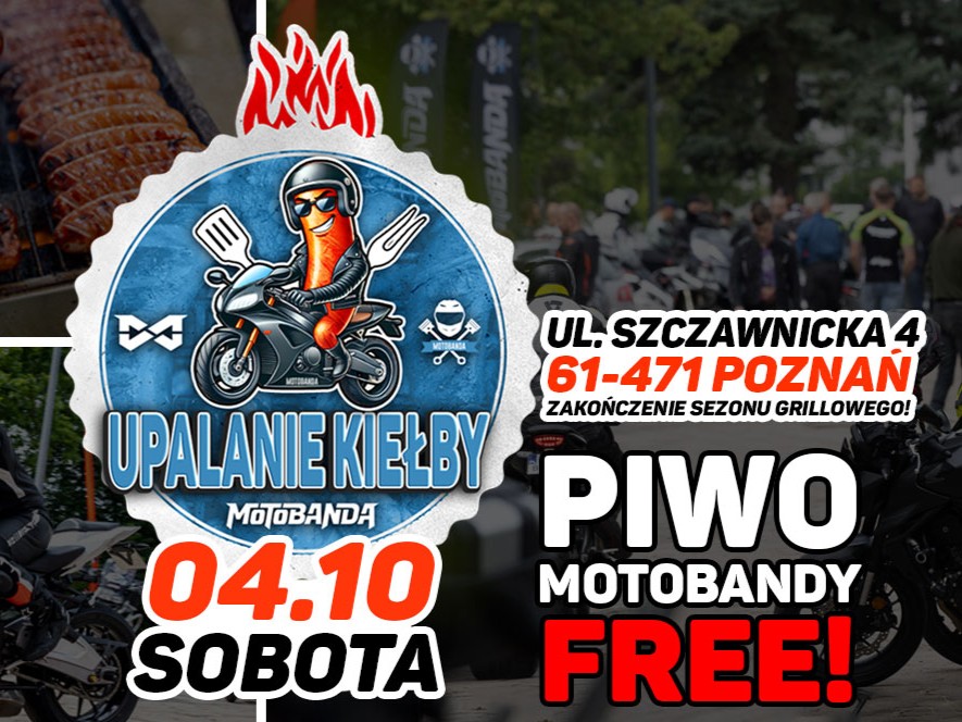 Informacje o grillu z Motobandą, w tle kolaż zdjęć z grillem i motocyklistami.