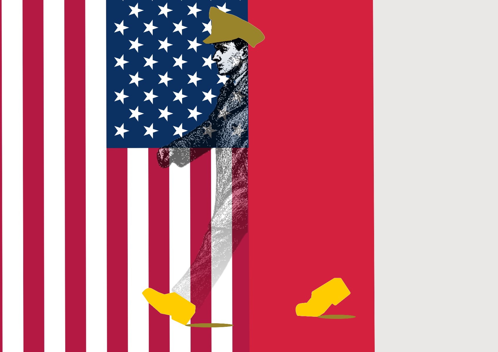 W centralnej części, na styku obu flag, umieszczono czarno-białą, rastrowaną sylwetkę idącego mężczyzny w profilu. Postać ma na głowie czapkę wojskową (rogatywkę) w kolorze oliwkowym.