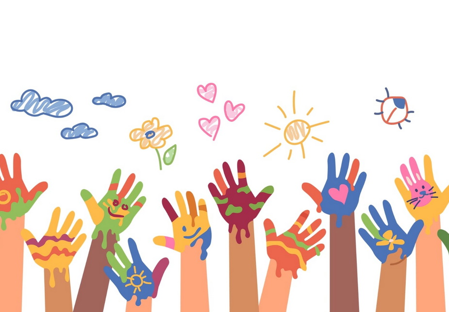 Rysunek wielu dziecięcych rączek wyciągniętych w górę. Każda dłoń pomalowana jest w inny wzór. Nad dłońmi rysunki słońca, chmur, kwiatów, serduszka.