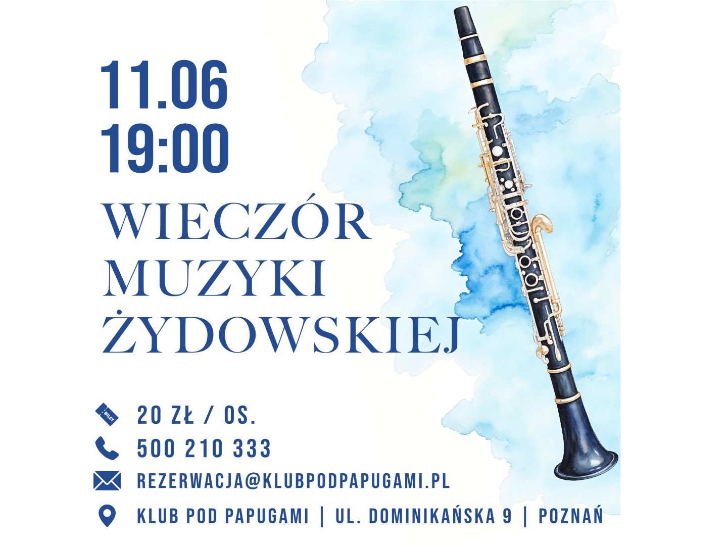 Rysunkowy klarnet, informacje o wieczornym koncercie muzyki żydowskiej.