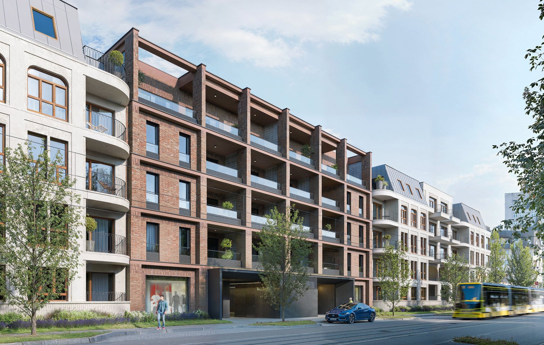 Wizualizacja inwestycji przy ul. Gajowej w Poznaniu. Czteropiętrowa, nowoczesna kamienica wykonana z brązowej cegły.