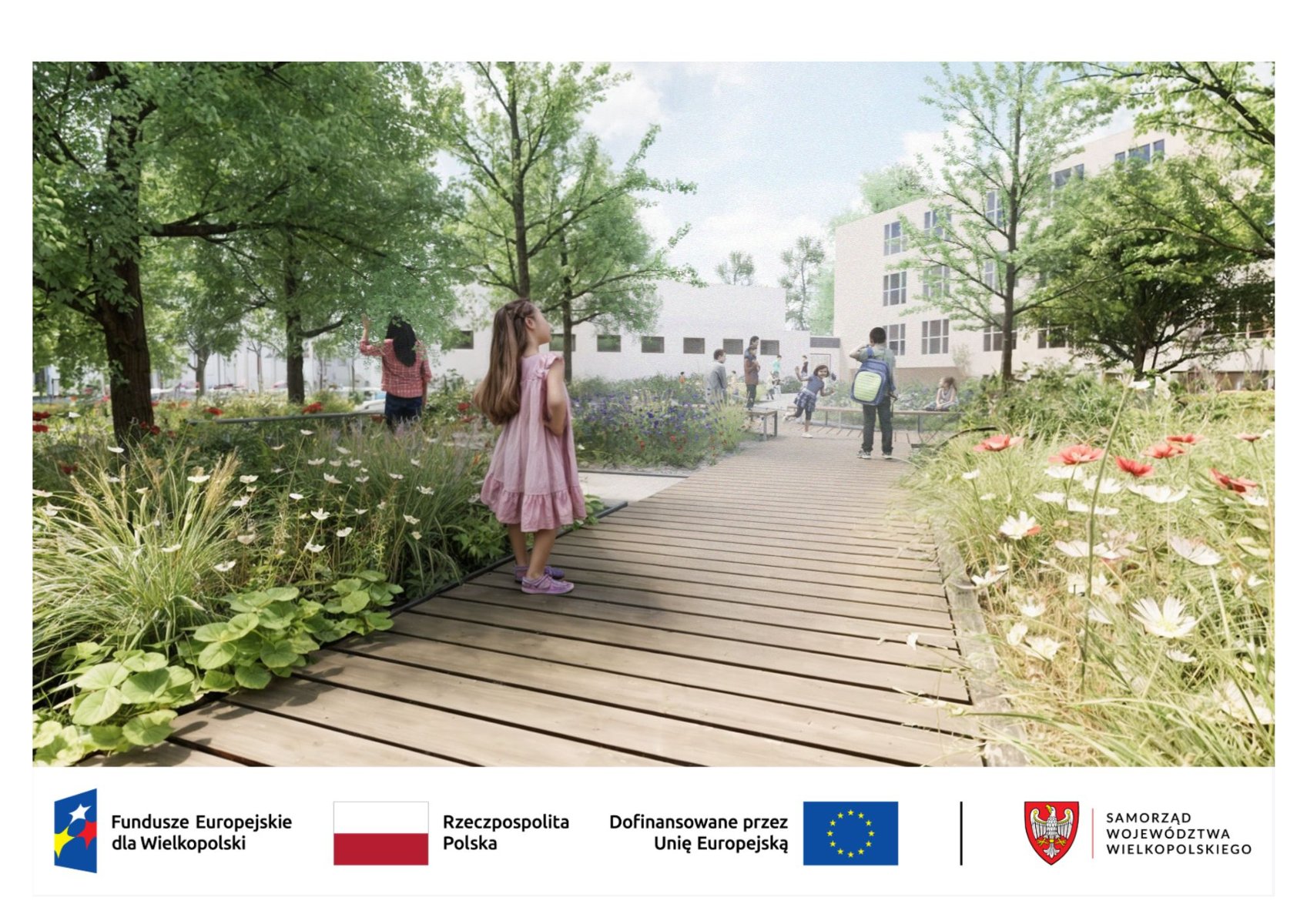 Wizualizacja przedstawia drewniany mostek, na którym stoi dziewczynka. W oddali widać innych ludzi i budynek. W otoczeniu jest sporo zieleni.