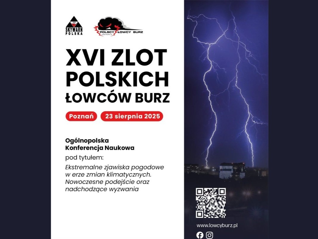 Informacje o XVI zlocie łowców burz, po prawej grafika z dużą błyskawicą uderzającą na tle ciemnego nieba.