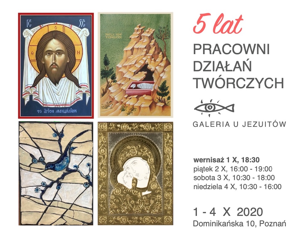 Na białym tle cztery miniatury obrazów z galerii oraz informacje o wystawie opisane w treści wydarzenia.