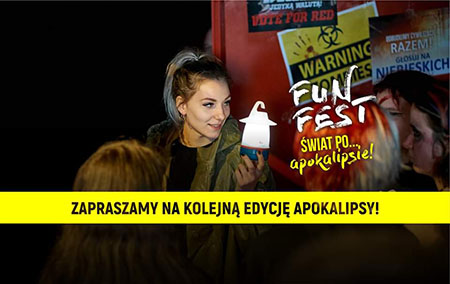 zdjęcie uczestników poprzedniej edycji Fun Fest dopiskiem "zapraszamy na kolejną edycję apokalipsy!" oraz logiem FUN FEST