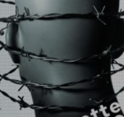 Zdjęcie tyłu głowy owinętego drutem kolczastym.