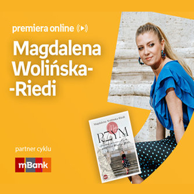 Plakat ze zdjęciem autorki i okładką książki w prawej części. W części lewej imię i nazwisko na pomarańczowym tle.
