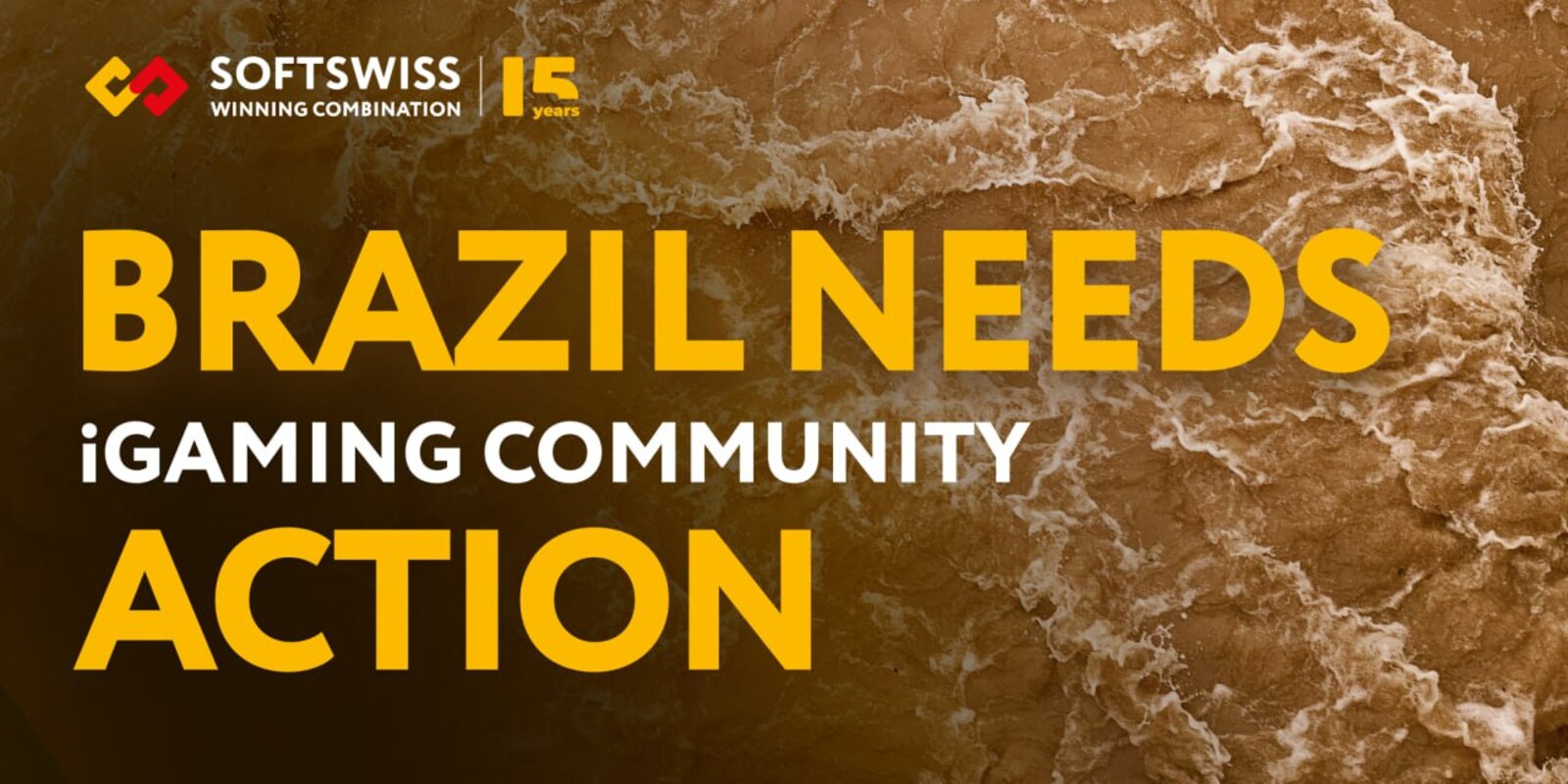 Zdjęcie plaży. Do góry logotyp firmy SOFTSWISS. Poniżej napis: Brazil needs iGaming community action.