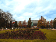 Zdjęcie przedstawia budynek palmiarni i otaczającą ją zieleń oraz stojacy obok pomnik.