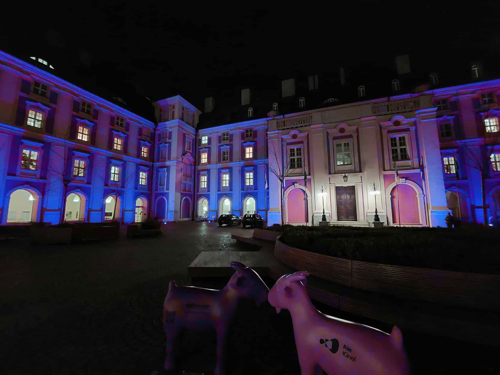 Zdjęcie przedstawia budynek urzędu rozświetlony na niebiesko.