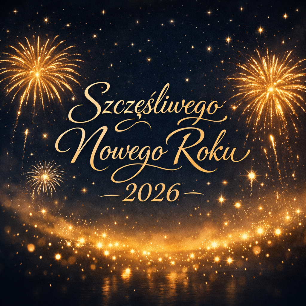 Zdjęcie przedstawia napis "Szczęśliwego Nowego Roku 2026" na tle nieba wśród fajerwerków