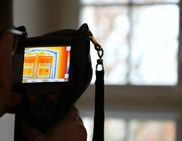 Zdjęcie przedstawia osobę trzymającą kamerę termowizyjną.