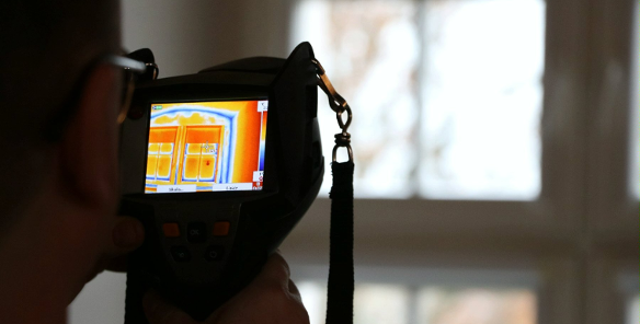 Zdjęcie przedstawia osobę trzymającą kamerę termowizyjną.