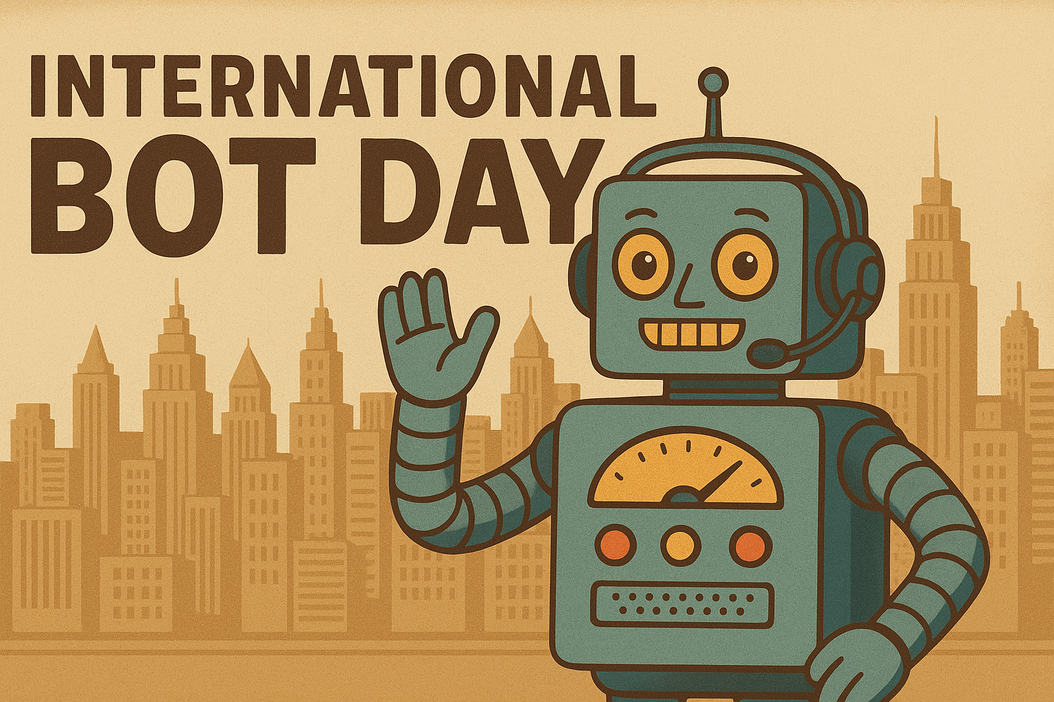Zdjęcie przedstawia robota machającego na tle napisu dzień bota