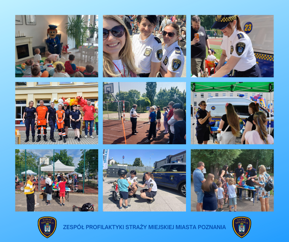 zdjęcie przedstawia różne zdjęcia z festynów, na ktorych obecni byli strażnicy z zespołu profilaktyki,