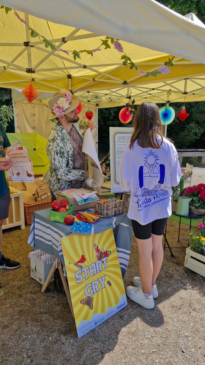 Zdjęcie przedstawia start gry terenowej. Mężczyzna w kapeluszu objaśnia zasady gry dziewczynie.