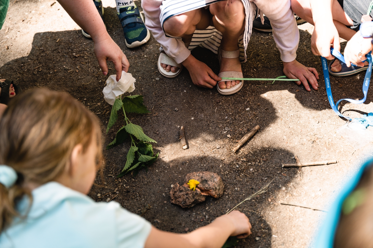 fragment zdjęcia, na którym dzieci tworzą na ziemi dzieło artystyczne. Na ziemi leży piasek, patyki, kwiat