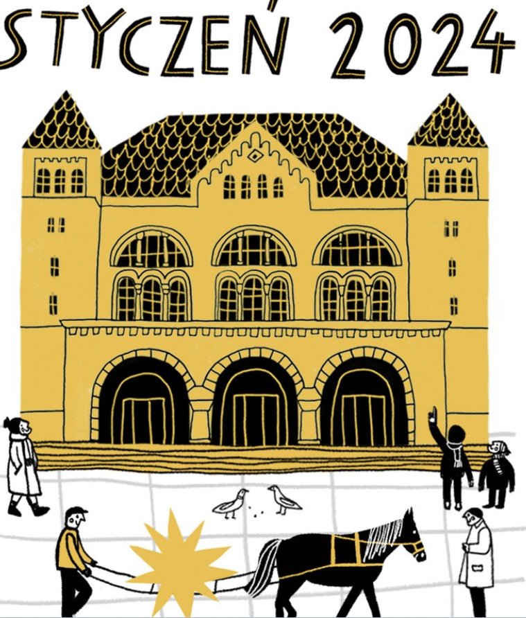 Grafika przedstawia narysowaną scenkę. Postaci w zimowych strojach spacerują przed Zamkiem.