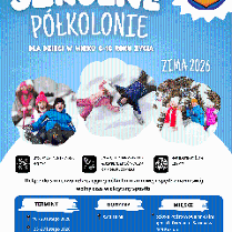 Plakat Zimowe półkolonie na Naramowicach 2026, zdjęcia roześmianych dzieci bawiących się w śniegu. Szczegółowe informacje z plakatu są powtórzone w treści artykułu.
