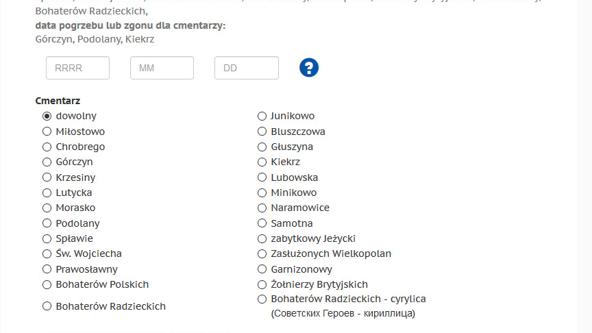 Zrzut z ekranu - wyszukiwarka cmentarna z zaznaczoną kategorią "Olimpijczycy na poznańskich cmentarzach"