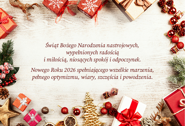 życzenia świąteczne na jasnym tle, wokół elemenry i dekoracje świąteczne