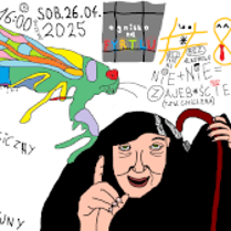 Rysunkowa forma plakatu, który reklamuje spotkanie Cybernostalgiczny Klub Dyskusyjny. W centralnej części postać zgarbionej postaci w kapturze z laską, nad nią kolorowy owad. Dookoła ręcznie pisane informacje dotyczące wydarzenia.