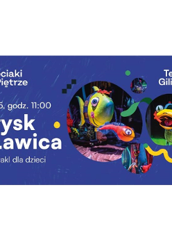 na granatowym tle trzy koła, w ich wnętrzach kolorowe zwięrzęta i rośliny - ryby, żaba, kijanka. Po lewej stronie białe napisy - informacje o tytule, dacie i miejscu spektaklu.