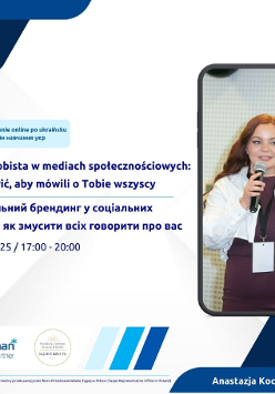 Grafika promocyjna szkolenia. Na zdjęciu informacje o szkoleniu oraz zdjęcie trenera w ramce telefonu