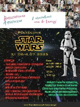 Plakat, który promuje półkolonie artystyczne na Strzeszynie - Star Wars. Plakat utzymany jest w stylistyce star wars, na gwieździstym niebie postać z filmu, obok stylizowane napisy, informujące o wydarzeniu.
