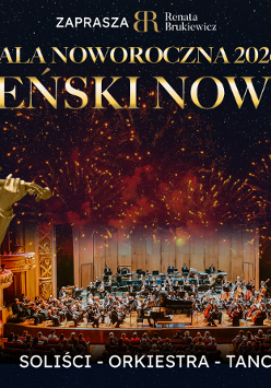 W tle orkiestra na scenie. Nad nimi fajerwerki i nazwa wydarzenia. Na pierwszym planie z lewej strony złoty posąg skrzypka.