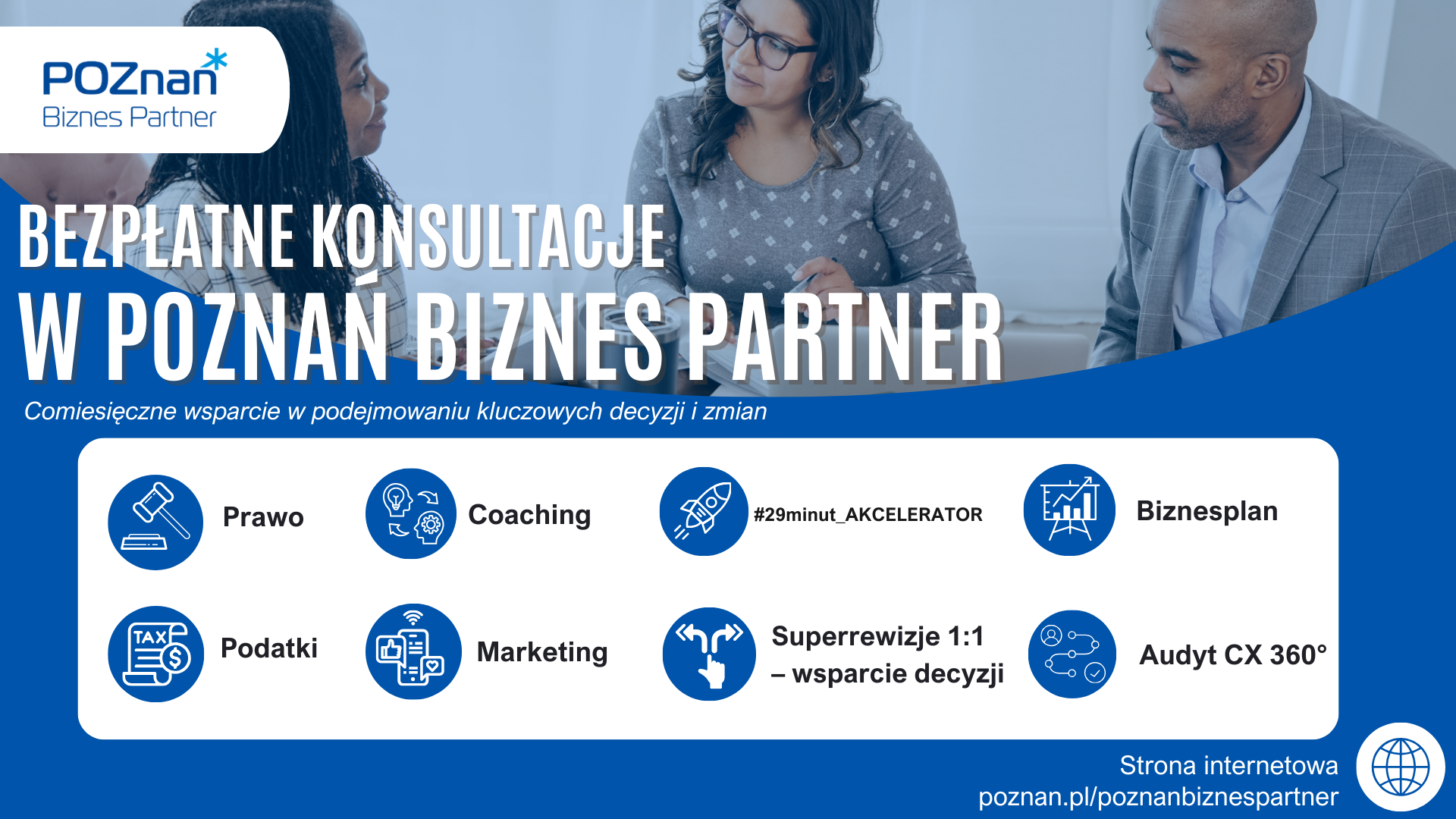 Bezpłatne konsultacje w Poznań Biznes Partner, grafika promująca. NA zdjęciu 3 osoby rozmawiają