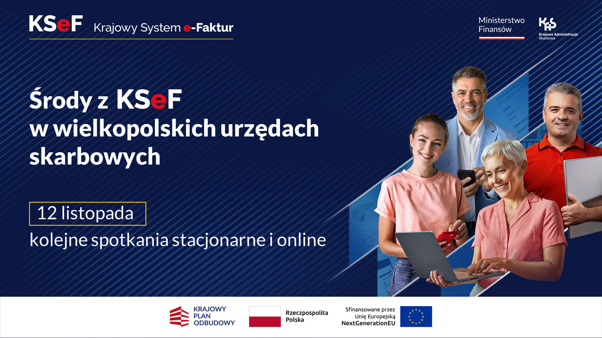 Grafika promocyjna bezpłatnych szkoleń KSeF. Na zdjęciu 4 osoby uśmiechają się i trzymają laptopy.