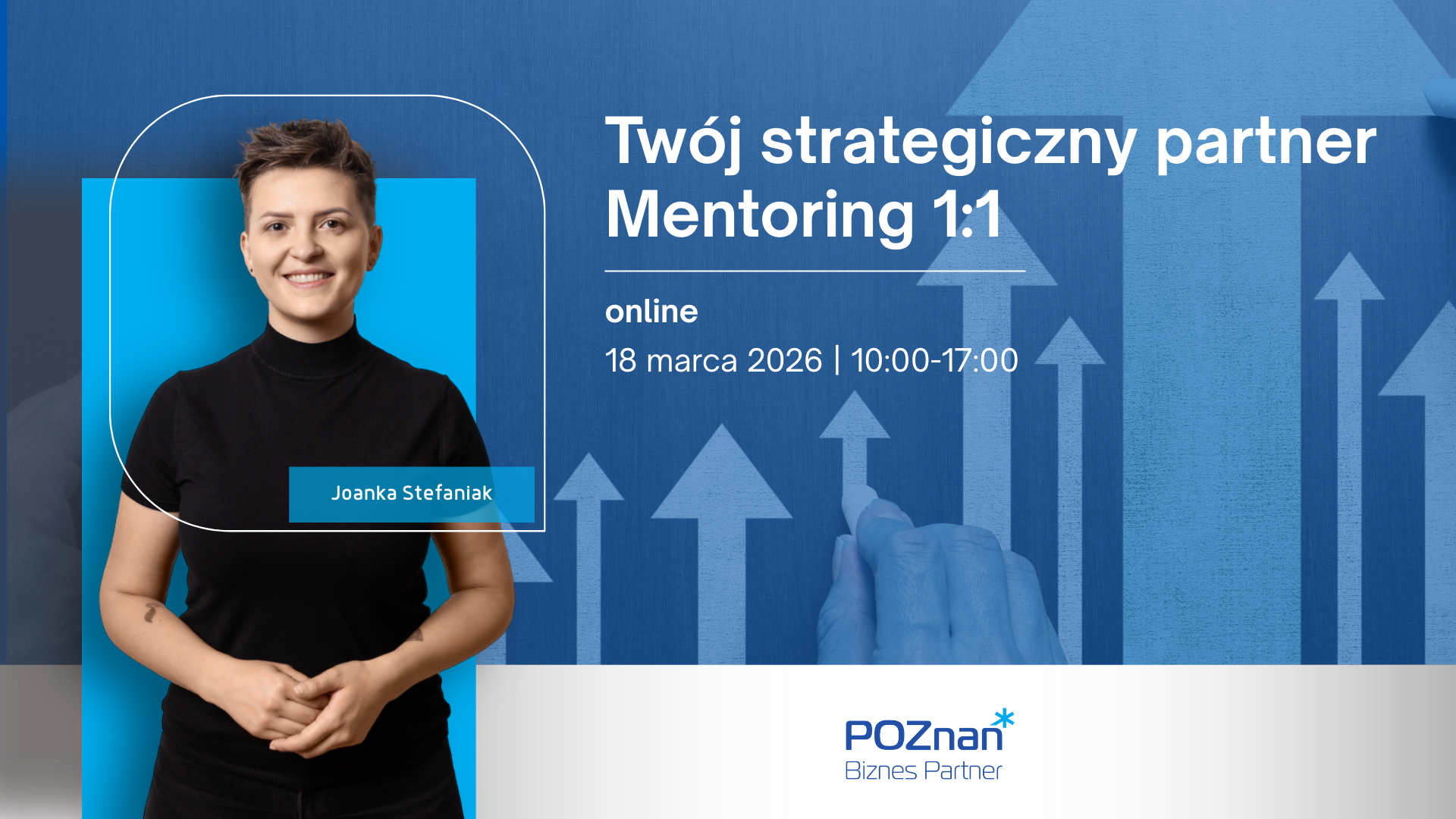 Grafika promocyjna konsultacji doradczych.Na zdjęciu prowadząca Joanka Stefaniak. W tle strzałki pokazujące rozwój.