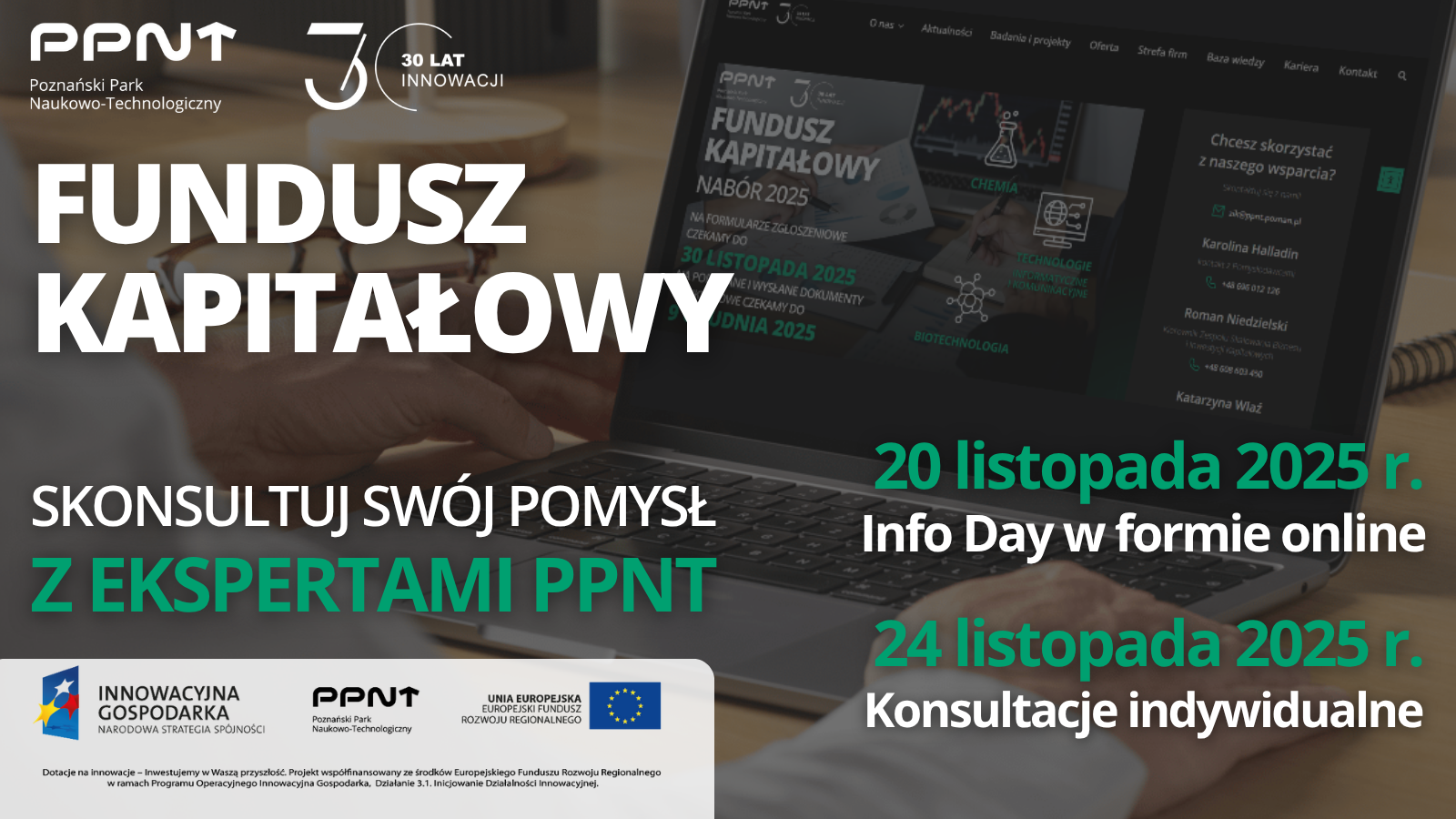 Grafika promująca Fundusz Kapitałowy PPNT. Odcienie zielone i brązowe, w tle laptop.