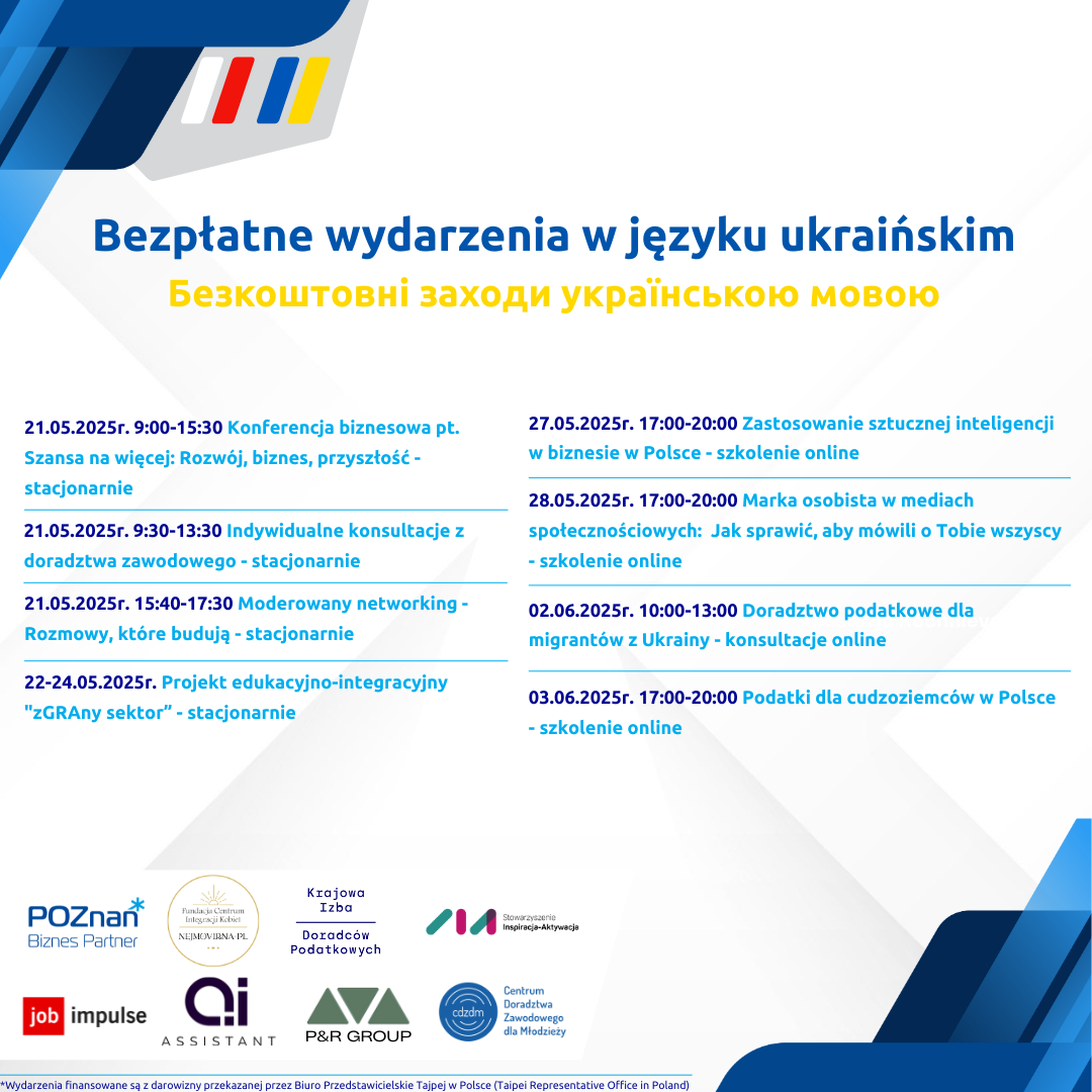 Bezpłatne wydarzenia rozwojowe i integracyjne w języku ukraińskim Grafika przedstawiająca wszystkie wydarzenia zaplanowane na maj i czerwiec dla migrantów z Ukrainy.