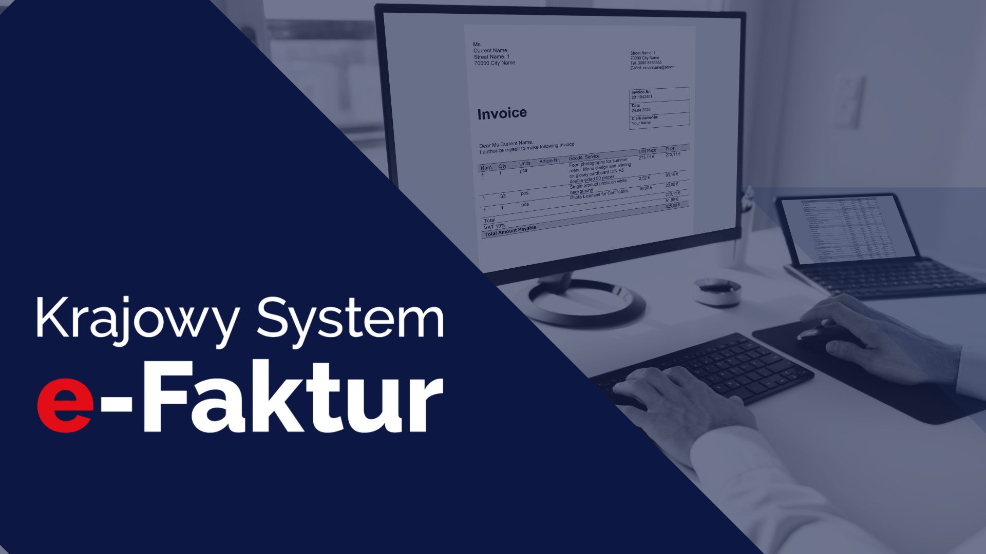 Grafika z napisem Krajowy System e-Faktur (KSeF). W tle osoba z fakturą w komputerze siedzi przy biurku