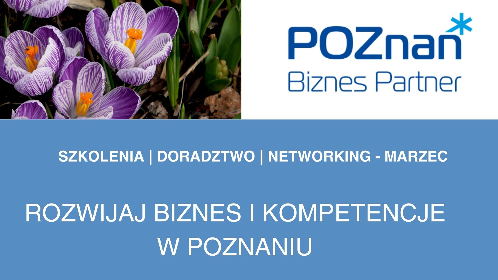 Kalendarium ze szkoleniami na marzec 2026. Dodatkowo na grafice znajdują się krokusy.