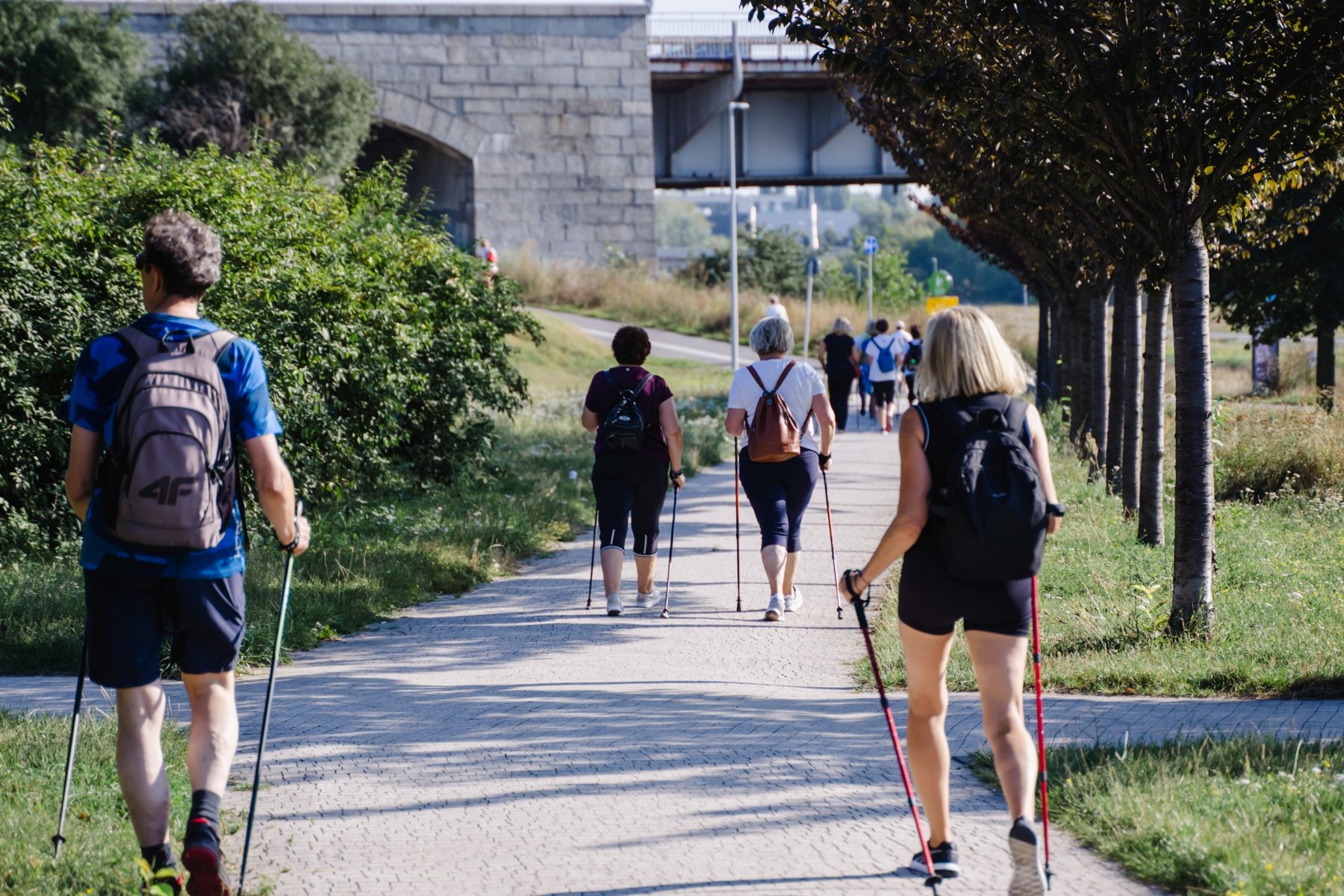 Osoby starsze będą mogły wziąć udział w spacerach nordic walking/ fot. POSiR Zdjęcie przedstawia ludzi z kijkami do nordic walking idących ścieżką wśród zieleni.
