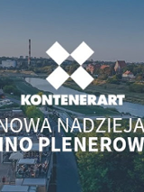 Panorama Poznania z widokiem na Wartę, KontenerArt i katedrę. Na środku tekst.