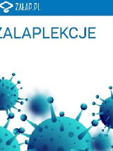 Na dole niebieskie wirusy - kule z igłami zakończonymi małymi kulkami, na górze tekst.