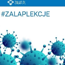 Na dole niebieskie wirusy - kule z igłami zakończonymi małymi kulkami, na górze tekst.